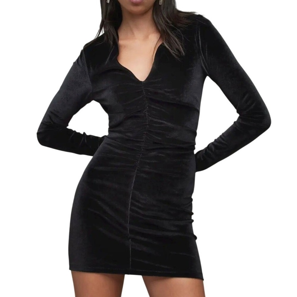 AllSaints Anya Velvet Mini Dress Women US 2 Black Ruched Long Sleeve $169